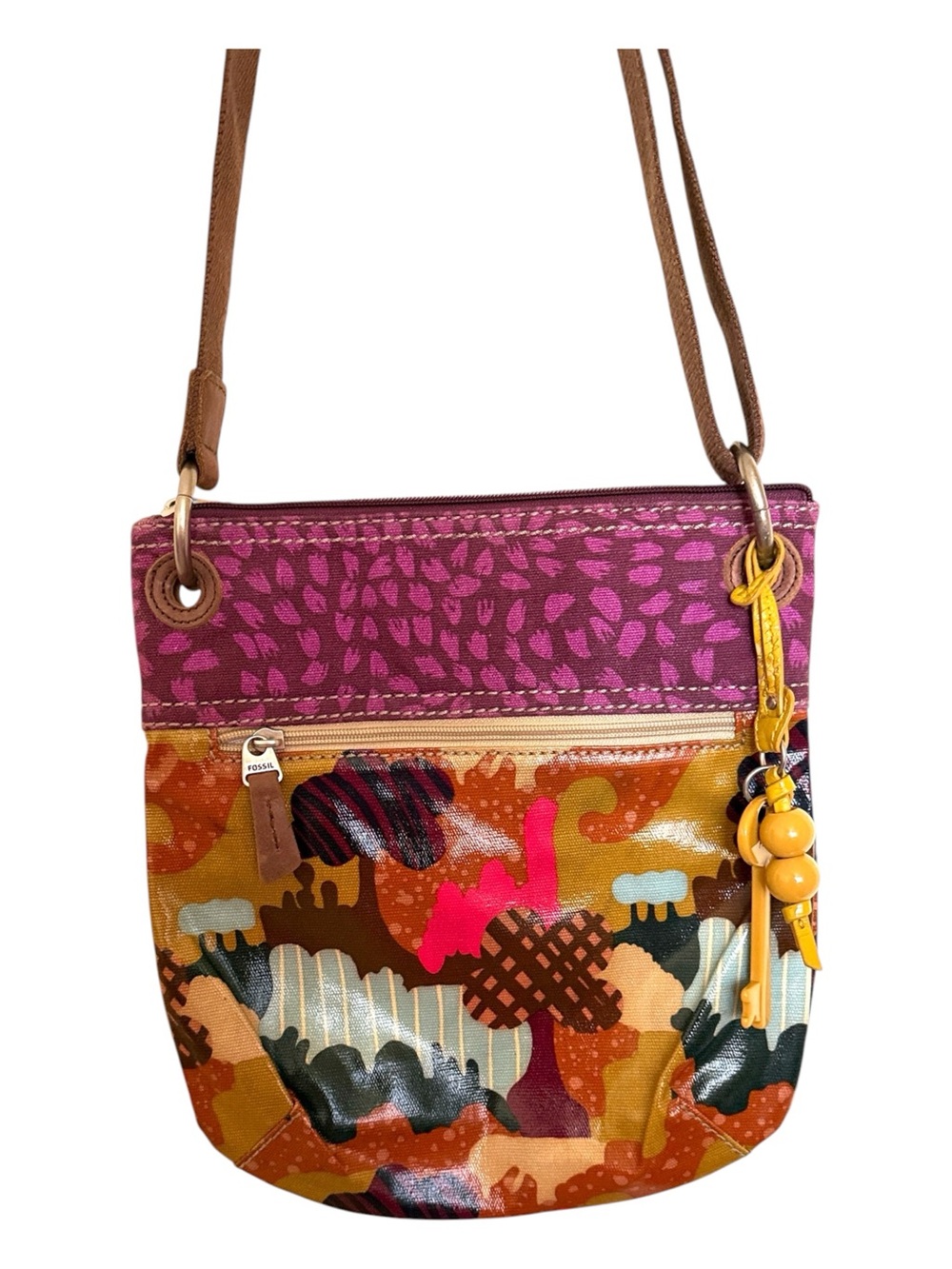 Fossil Key-Per vintage coated canvas crossbody w/ purple patterned top band,